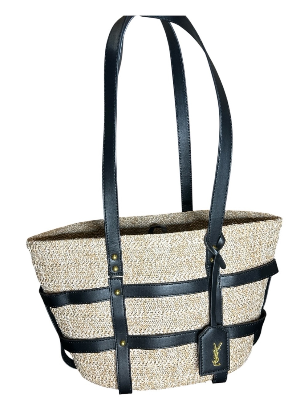 Studded Woven Raffia Cage Tote Bag Natural / Black Shoulder Purse